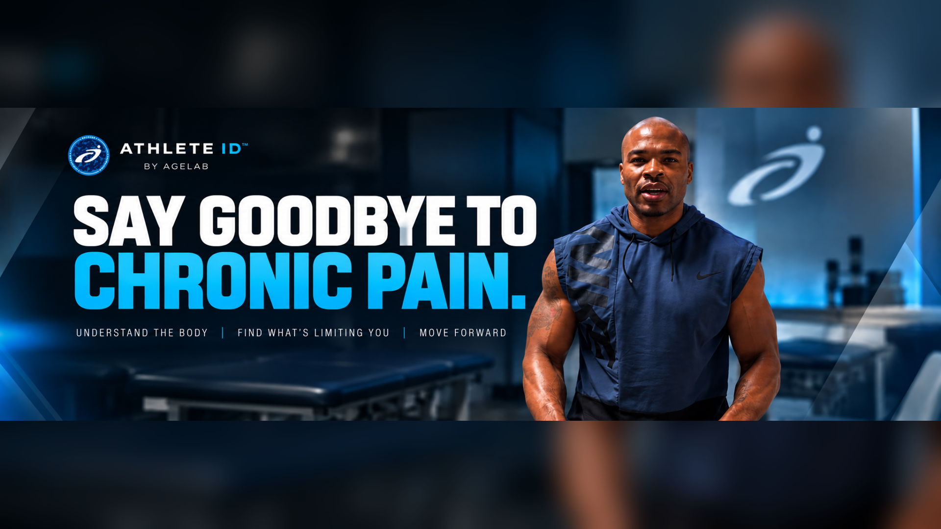 AthleteID by AGELAB marketing artwork with a portrait and chronic pain headline