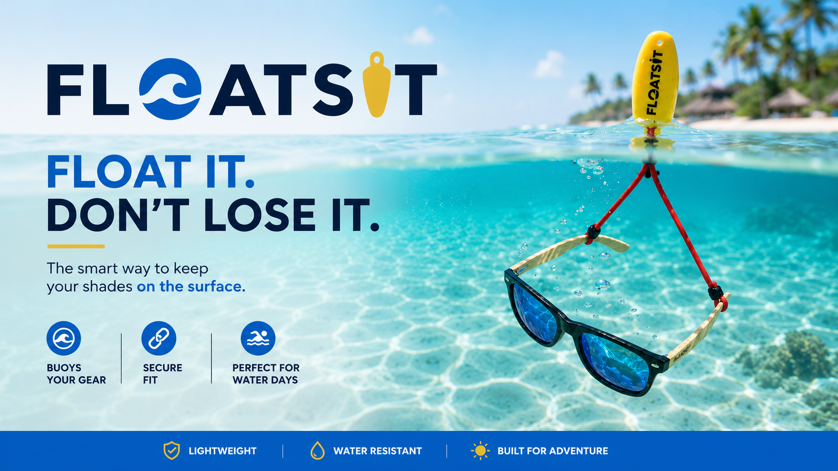 Floatsit product launch artwork showing floating sunglasses and the words Float It, Don’t Lose It